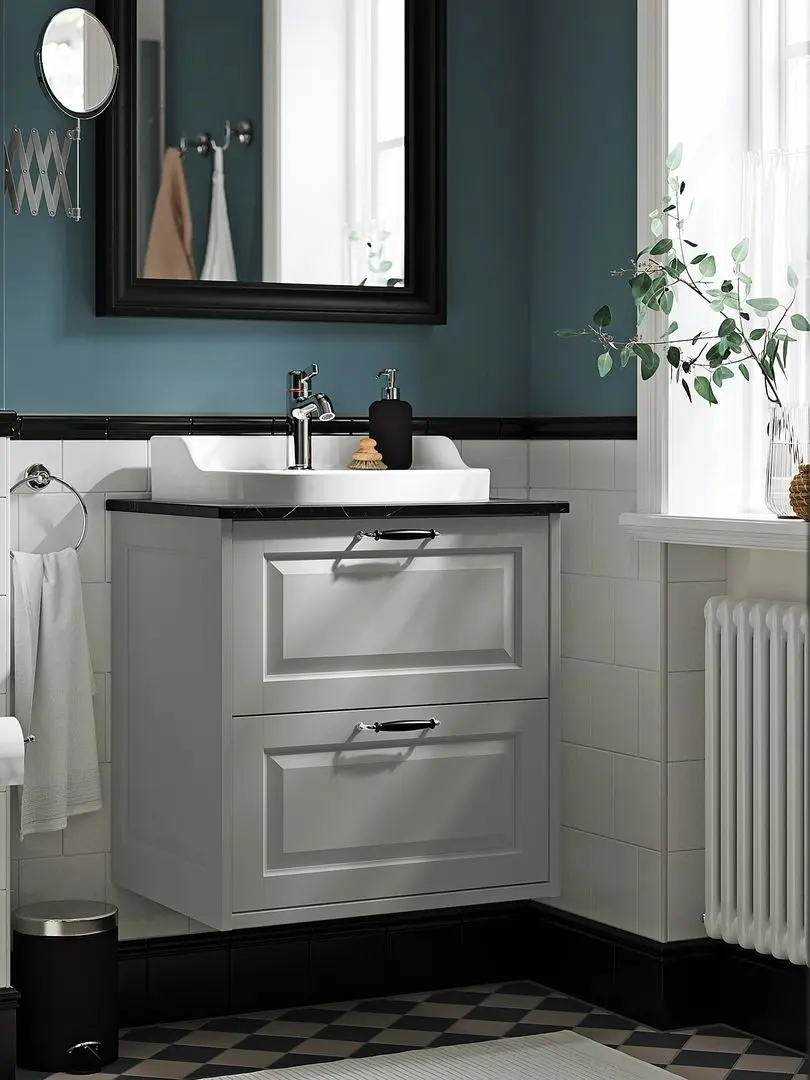 Набор тумбы с раковиной Ikea Tannforsen/Rutsjon с ящиками 62x49x76 (Серый/Имитация Черного Мрамора)