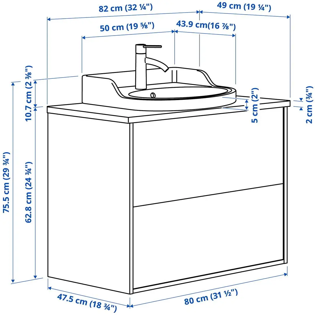 Набор тумбы с раковиной Ikea Tannforsen/Rutsjon с ящиками 82x49x76 (Белый/Имитация Белого Мрамора) - 9