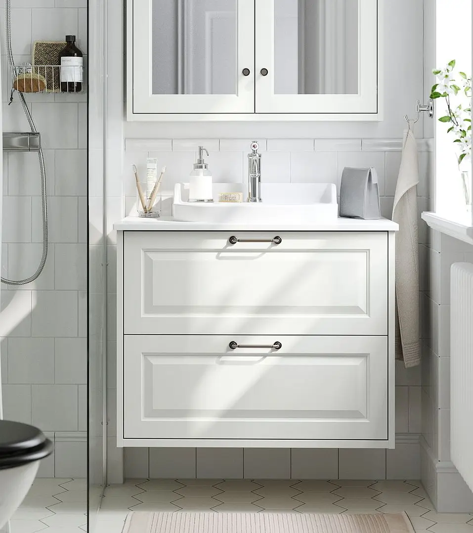 Набор тумбы с раковиной Ikea Tannforsen/Rutsjon с ящиками 82x49x76 (Белый/Имитация Белого Мрамора)