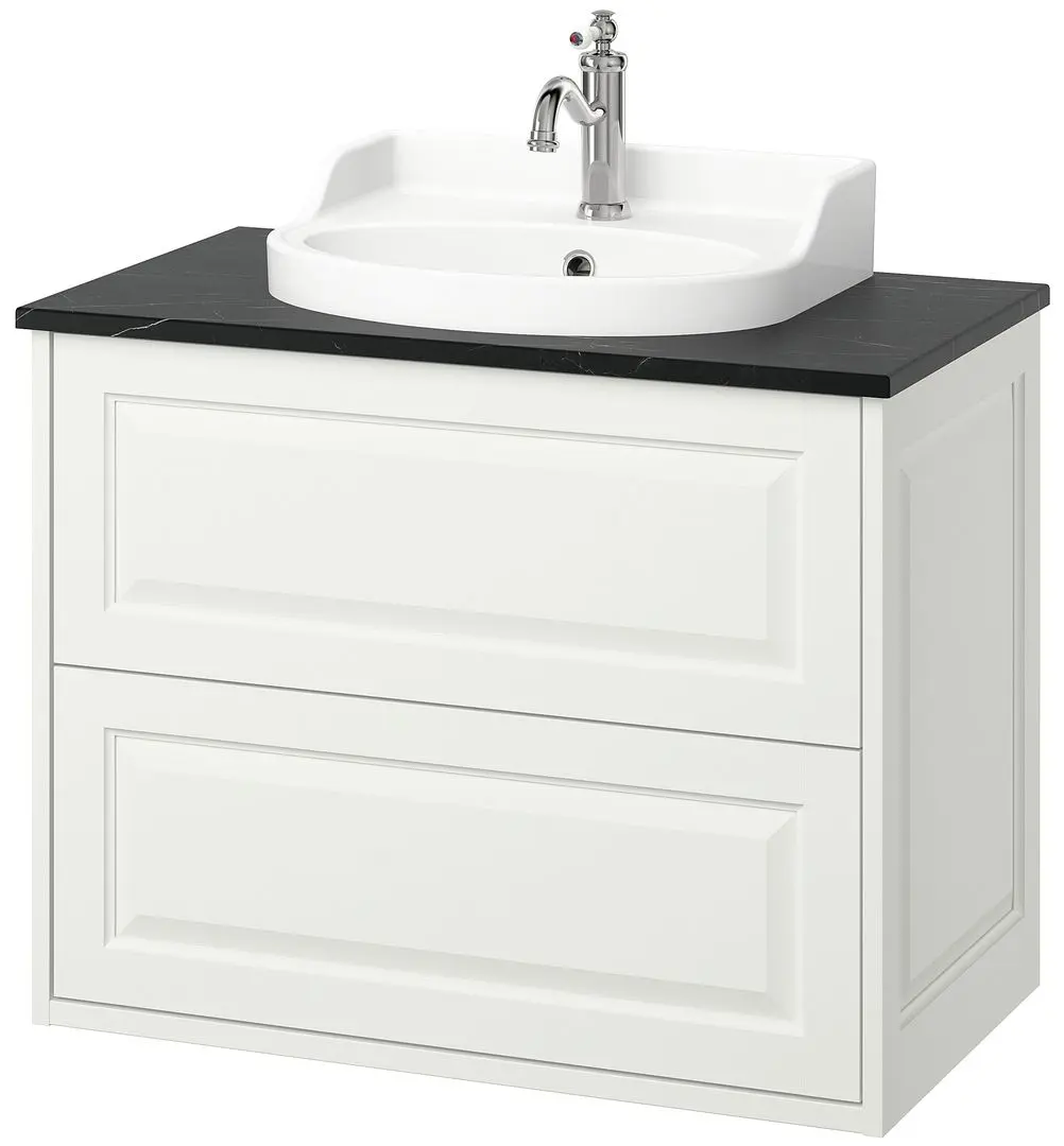 Набор тумбы с раковиной Ikea Tannforsen/Rutsjon с ящиками 82x49x76 (Белый/Имитация Черного Мрамора) - 2