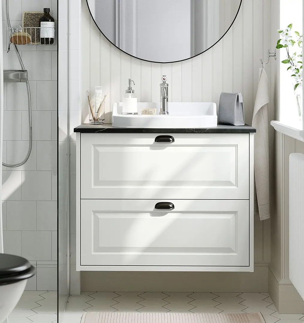 Набор тумбы с раковиной Ikea Tannforsen/Rutsjon с ящиками 82x49x76 (Белый/Имитация Черного Мрамора)