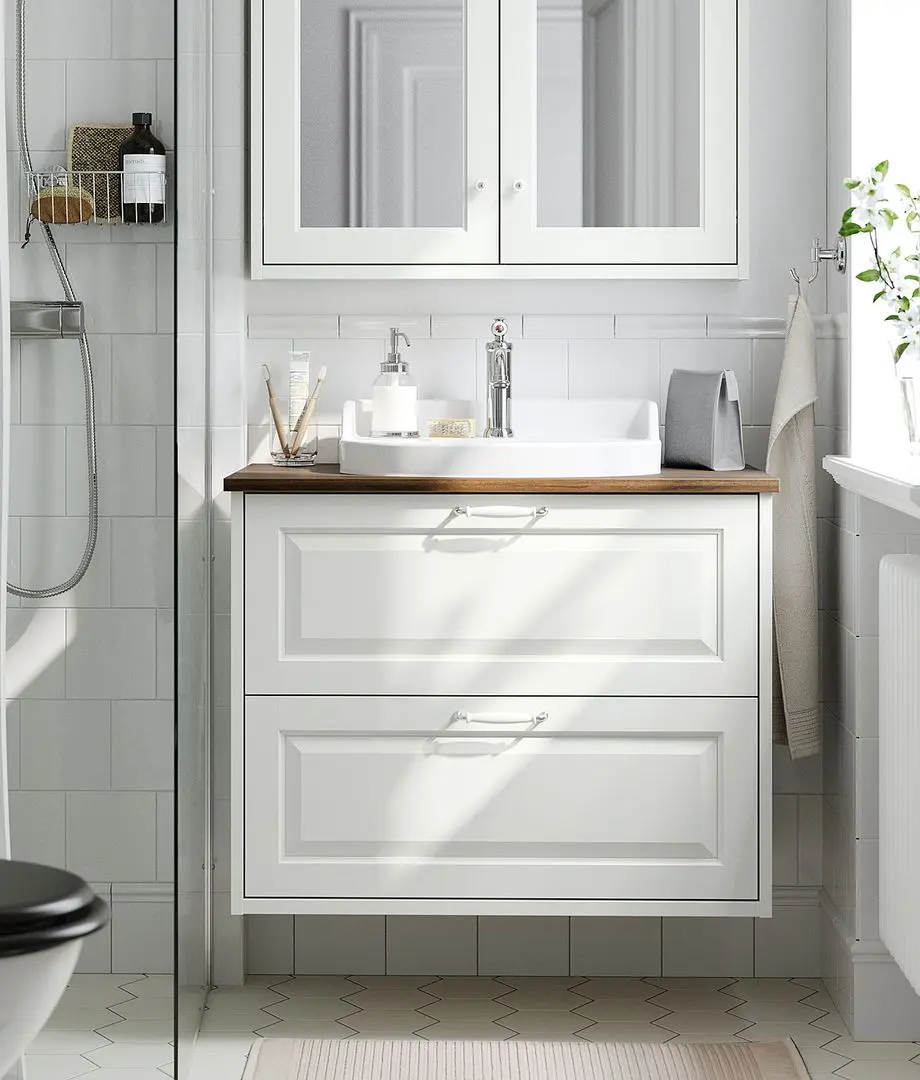 Набор тумбы с раковиной Ikea Tannforsen/Rutsjon с ящиками 82x49x76 (Белый/Имитация Ореха)