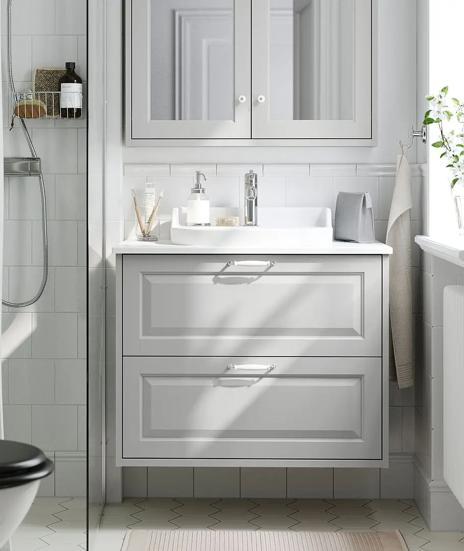 Набор тумбы с раковиной Ikea Tannforsen/Rutsjon с ящиками 82x49x76 (Серый/Имитация Белого Мрамора)