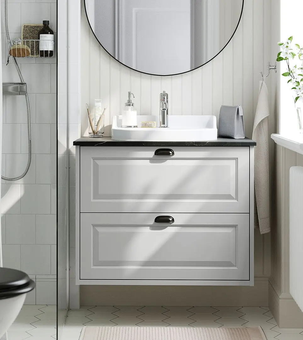 Набор тумбы с раковиной Ikea Tannforsen/Rutsjon с ящиками 82x49x76 (Серый/Имитация Черного Мрамора)