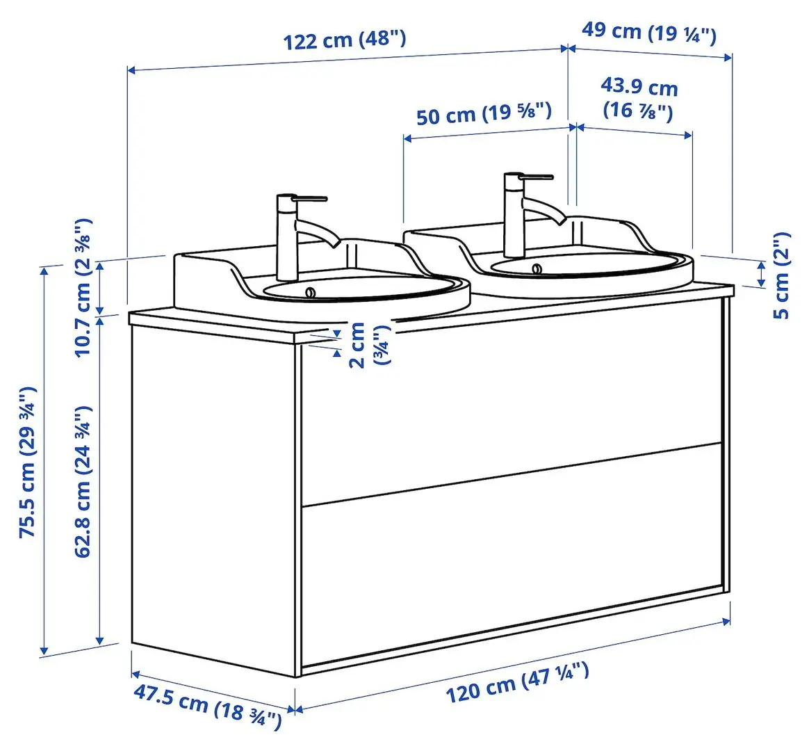 Набор тумбы с раковиной Ikea Tannforsen/Rutsjon ящики/2 смесителя 122x49x76 (Серый/Имитация Белого Мрамора) - 9