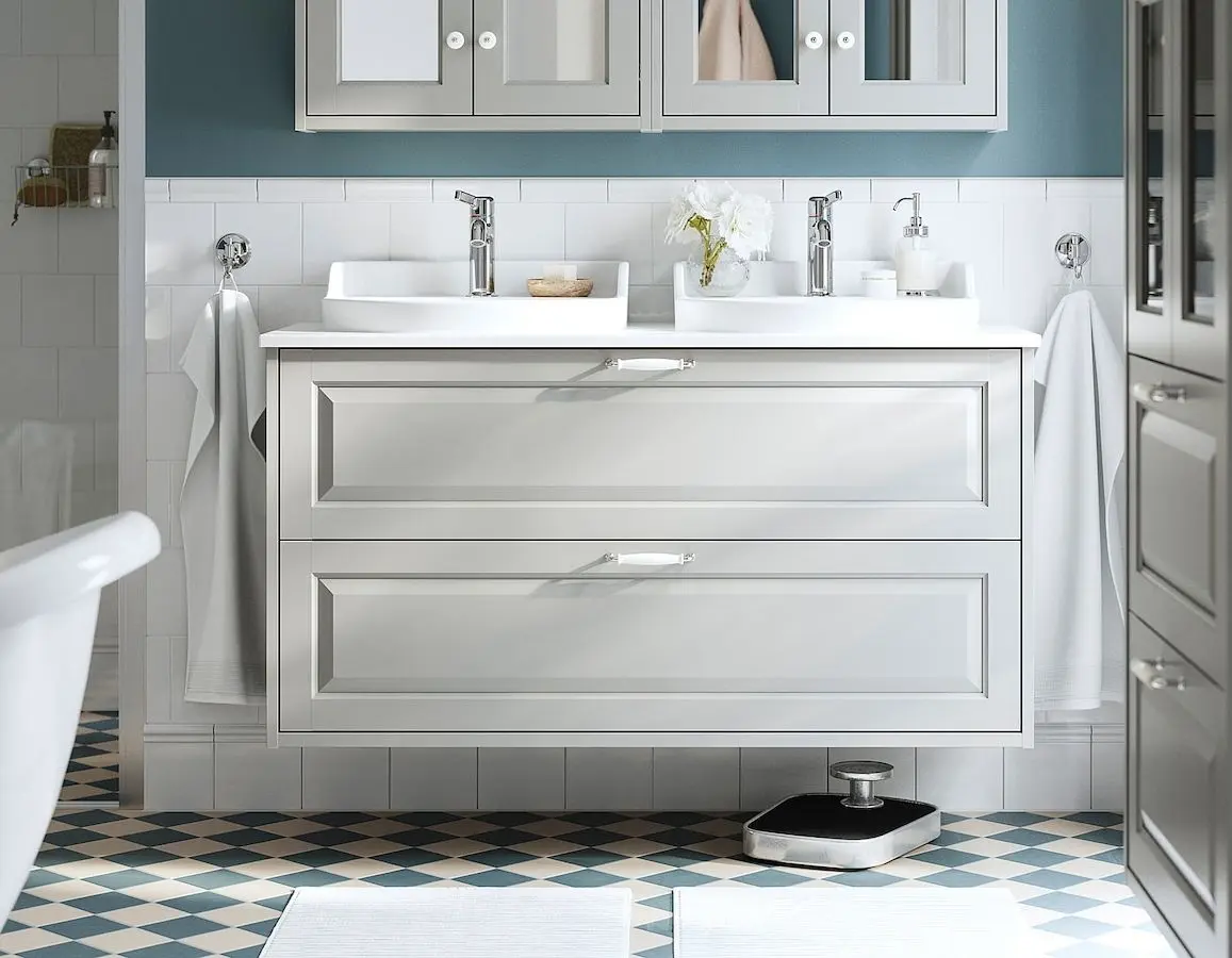 Набор тумбы с раковиной Ikea Tannforsen/Rutsjon ящики/2 смесителя 122x49x76 (Серый/Имитация Белого Мрамора)