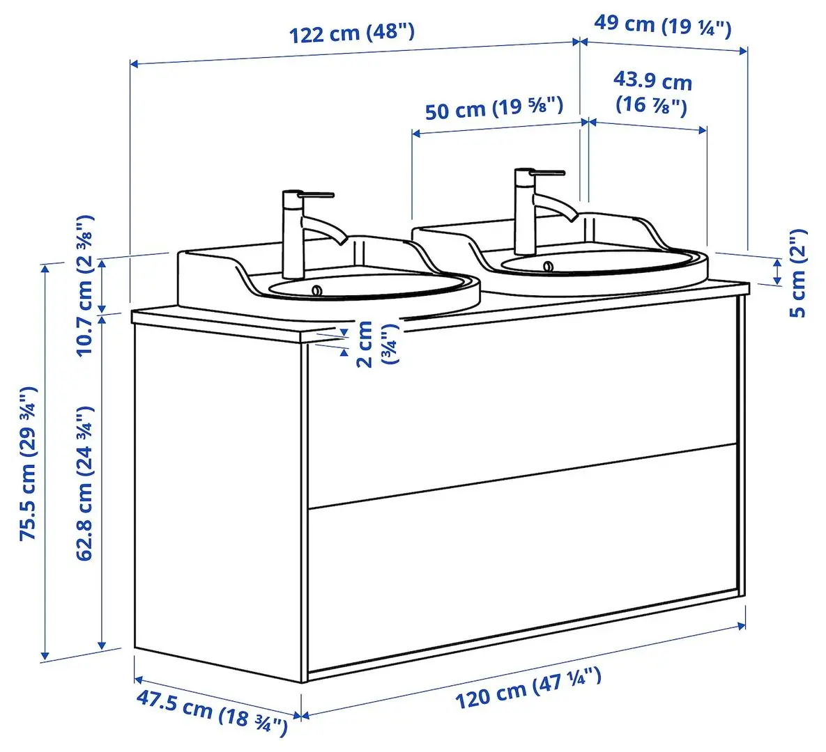 Набор тумбы с раковиной Ikea Tannforsen/Rutsjon ящики/2 смесителя 122x49x76 (Серый/Имитация Ореха) - 9