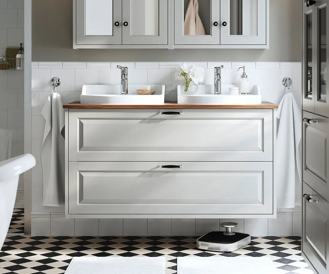 Набор тумбы с раковиной Ikea Tannforsen/Rutsjon ящики/2 смесителя 122x49x76 (Серый/Имитация Ореха)