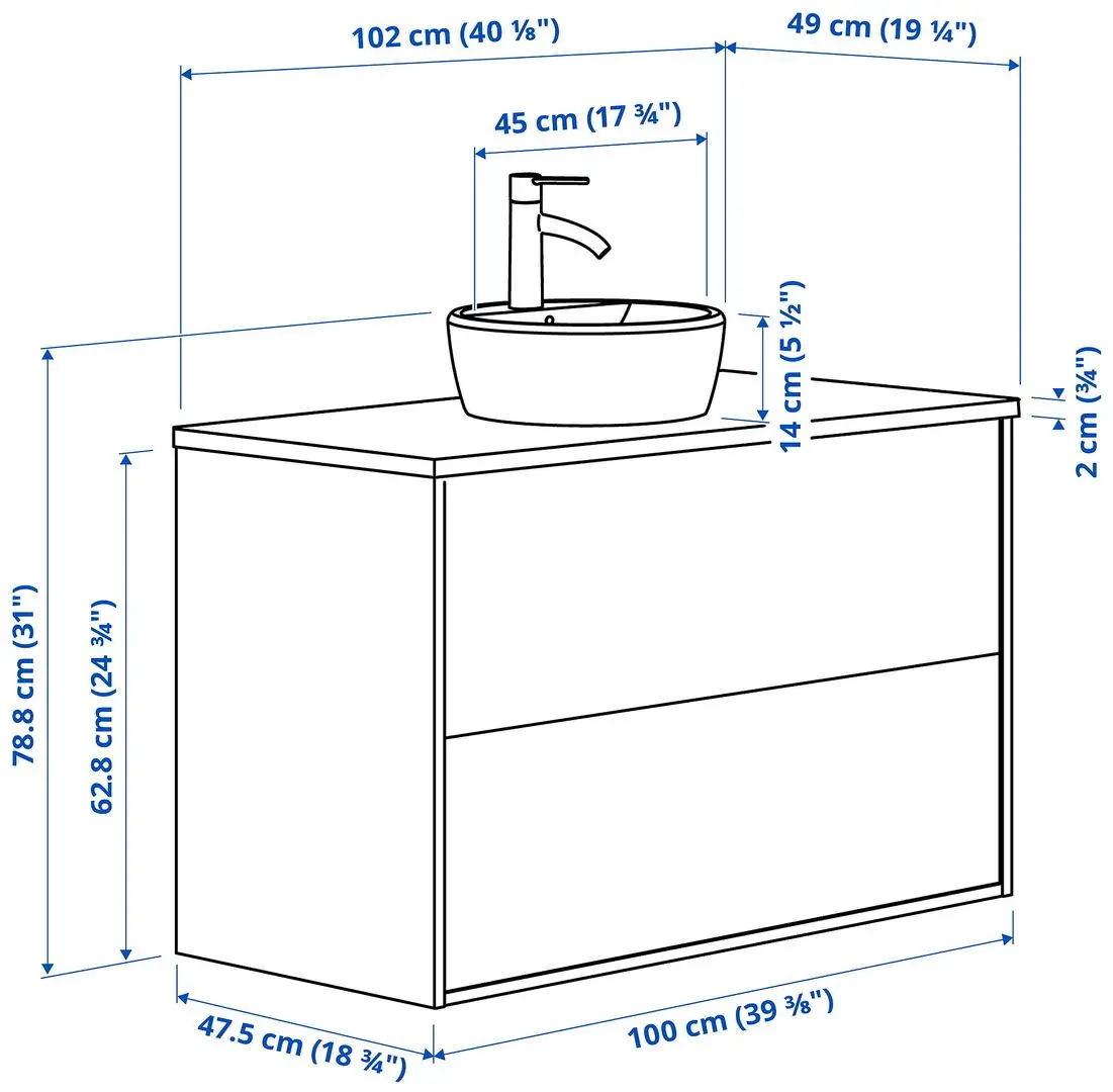 Набор тумбы с раковиной Ikea Tannforsen/Tornviken с ящиками 102x49x79 (Белый/Имитация Белого Мрамора) - 9