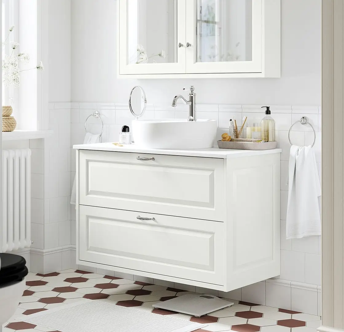 Набор тумбы с раковиной Ikea Tannforsen/Tornviken с ящиками 102x49x79 (Белый/Имитация Белого Мрамора)