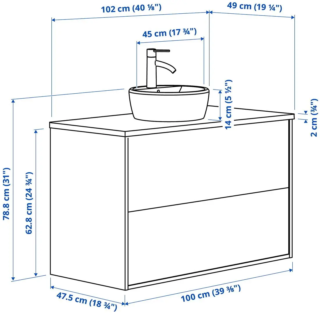 Набор тумбы с раковиной Ikea Tannforsen/Tornviken с ящиками 102x49x79 (Серый/Имитация Белого Мрамора) - 9