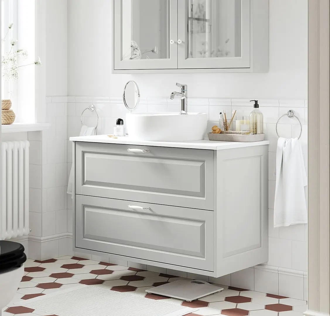 Набор тумбы с раковиной Ikea Tannforsen/Tornviken с ящиками 102x49x79 (Серый/Имитация Белого Мрамора)