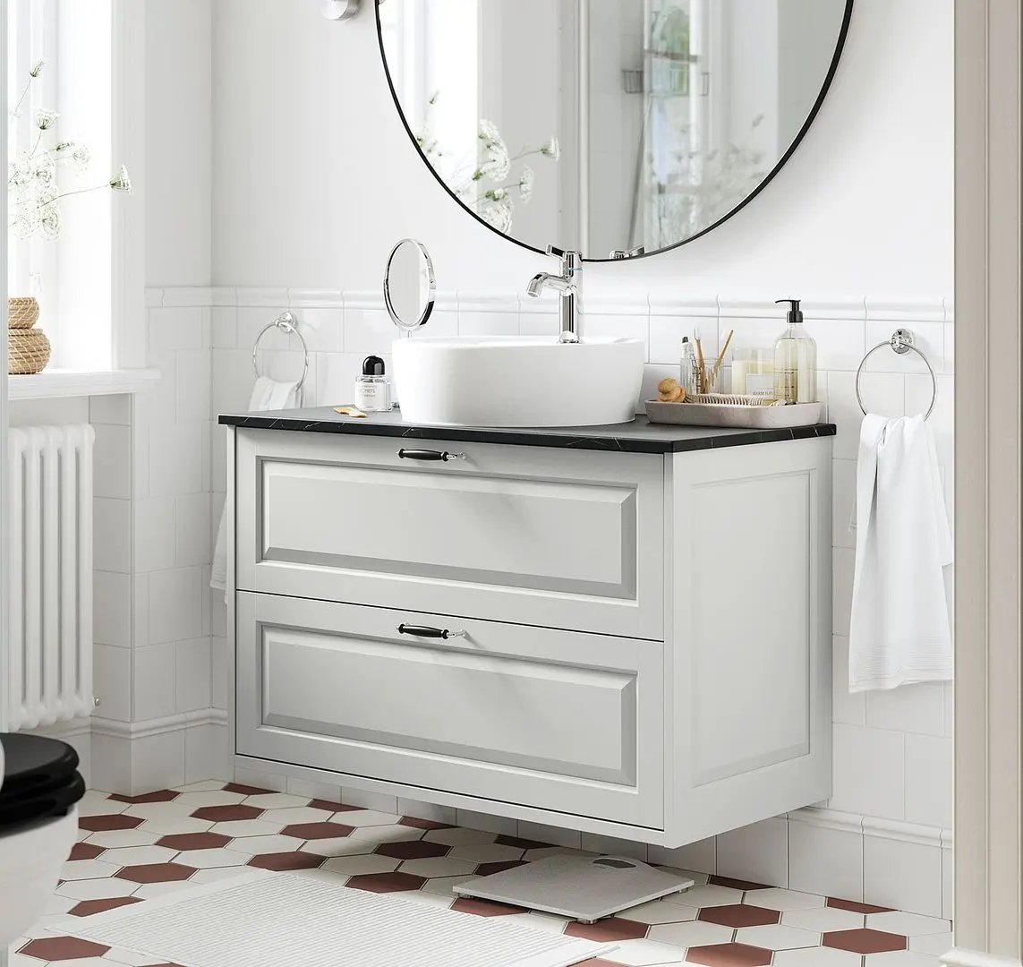 Набор тумбы с раковиной Ikea Tannforsen/Tornviken с ящиками 102x49x79 (Серый/Имитация Черного Мрамора)