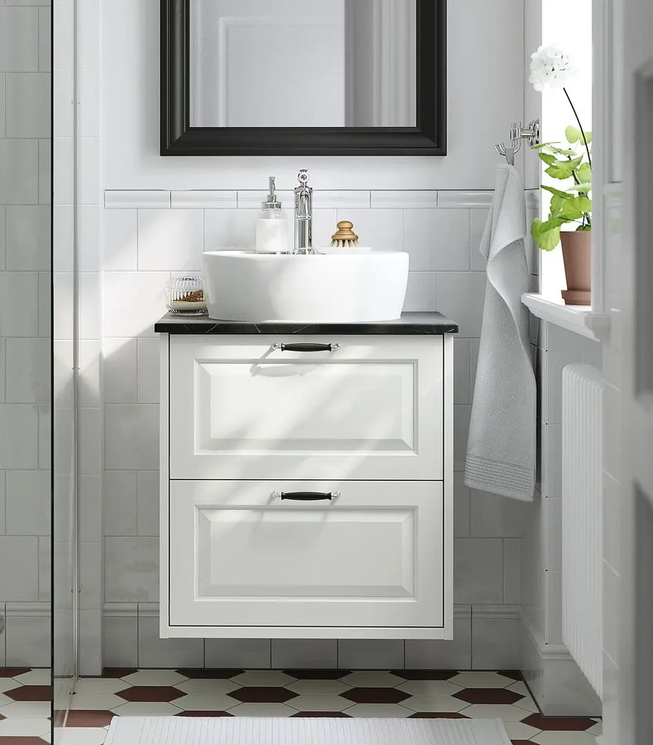 Набор тумбы с раковиной Ikea Tannforsen/Tornviken с ящиками 62x49x79 (Белый/Имитация Черного Мрамора)