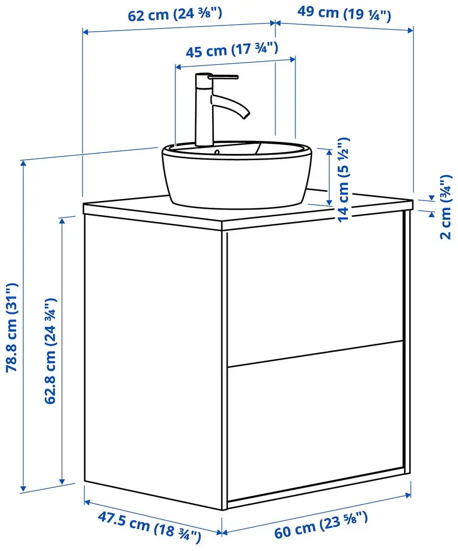 Набор тумбы с раковиной Ikea Tannforsen/Tornviken с ящиками 62x49x79 (Серый/Имитация Белого Мрамора) - 10