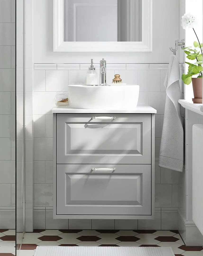 Набор тумбы с раковиной Ikea Tannforsen/Tornviken с ящиками 62x49x79 (Серый/Имитация Белого Мрамора)