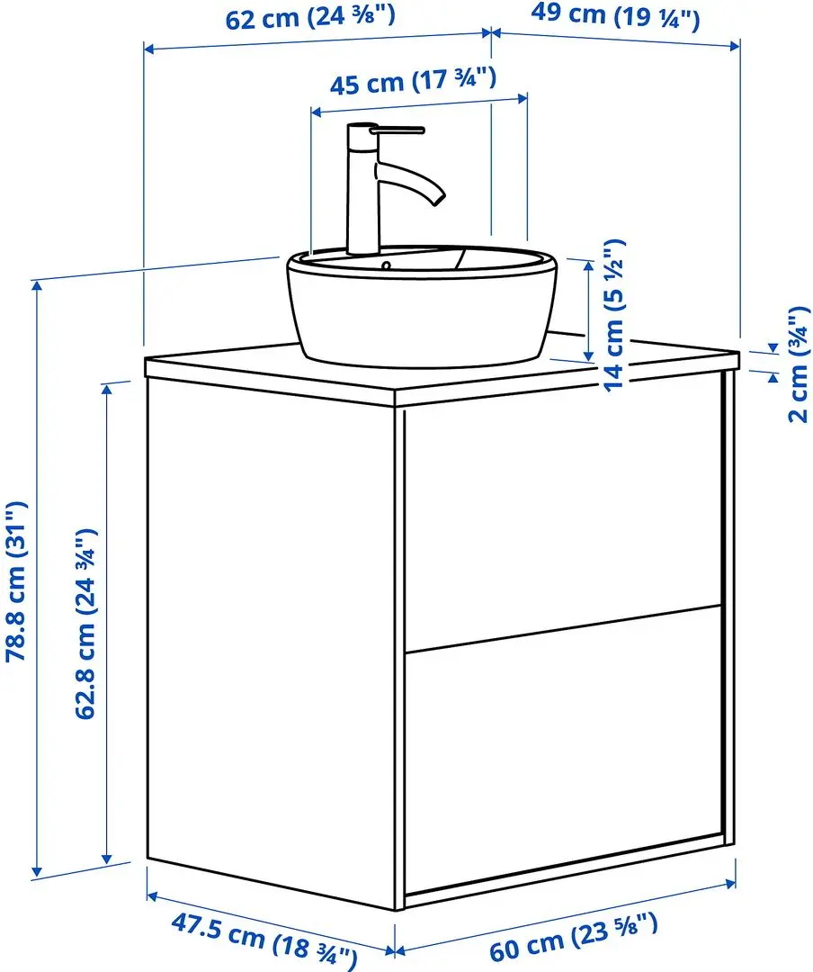 Набор тумбы с раковиной Ikea Tannforsen/Tornviken с ящиками 62x49x79 (Серый/Имитация Черного Мрамора) - 10