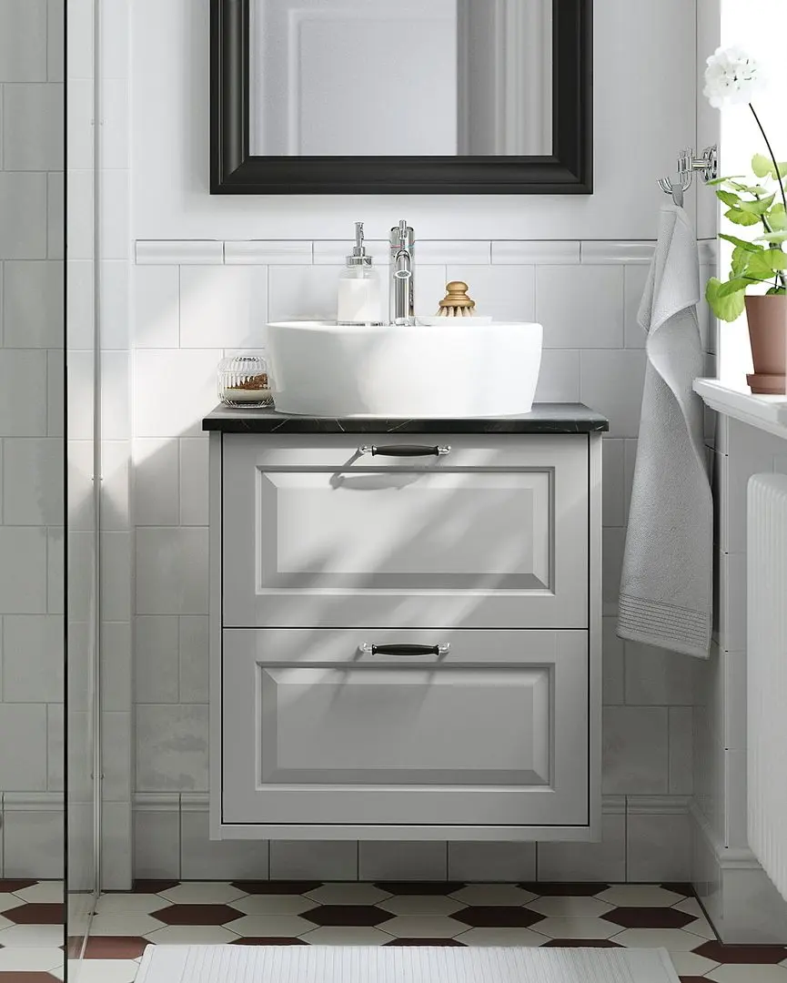 Набор тумбы с раковиной Ikea Tannforsen/Tornviken с ящиками 62x49x79 (Серый/Имитация Черного Мрамора)