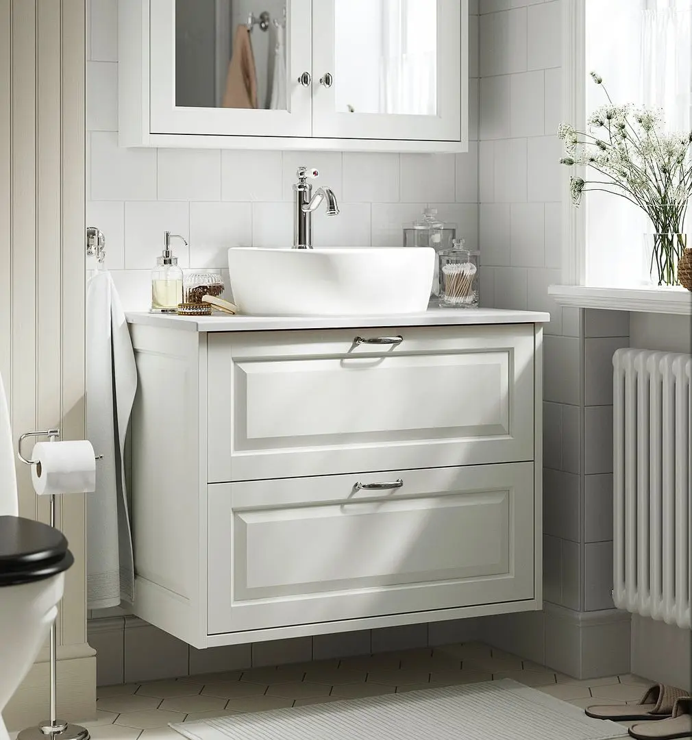 Набор тумбы с раковиной Ikea Tannforsen/Tornviken с ящиками 82x49x79 (Белый/Имитация Белого Мрамора)