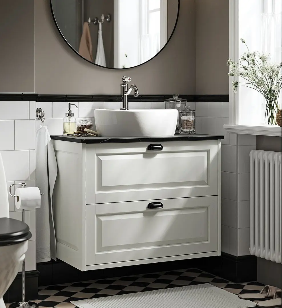 Набор тумбы с раковиной Ikea Tannforsen/Tornviken с ящиками 82x49x79 (Белый/Имитация Черного Мрамора)