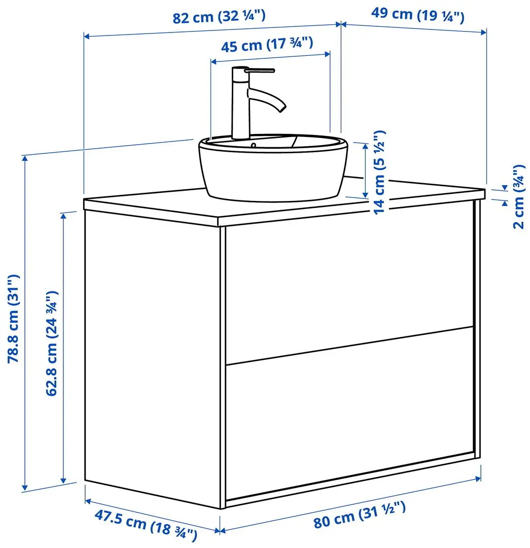 Набор тумбы с раковиной Ikea Tannforsen/Tornviken с ящиками 82x49x79 (Серый/Имитация Белого Мрамора) - 9