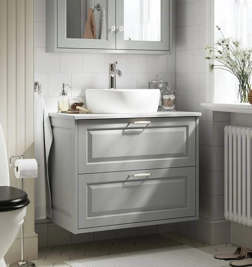 Набор тумбы с раковиной Ikea Tannforsen/Tornviken с ящиками 82x49x79 (Серый/Имитация Белого Мрамора)