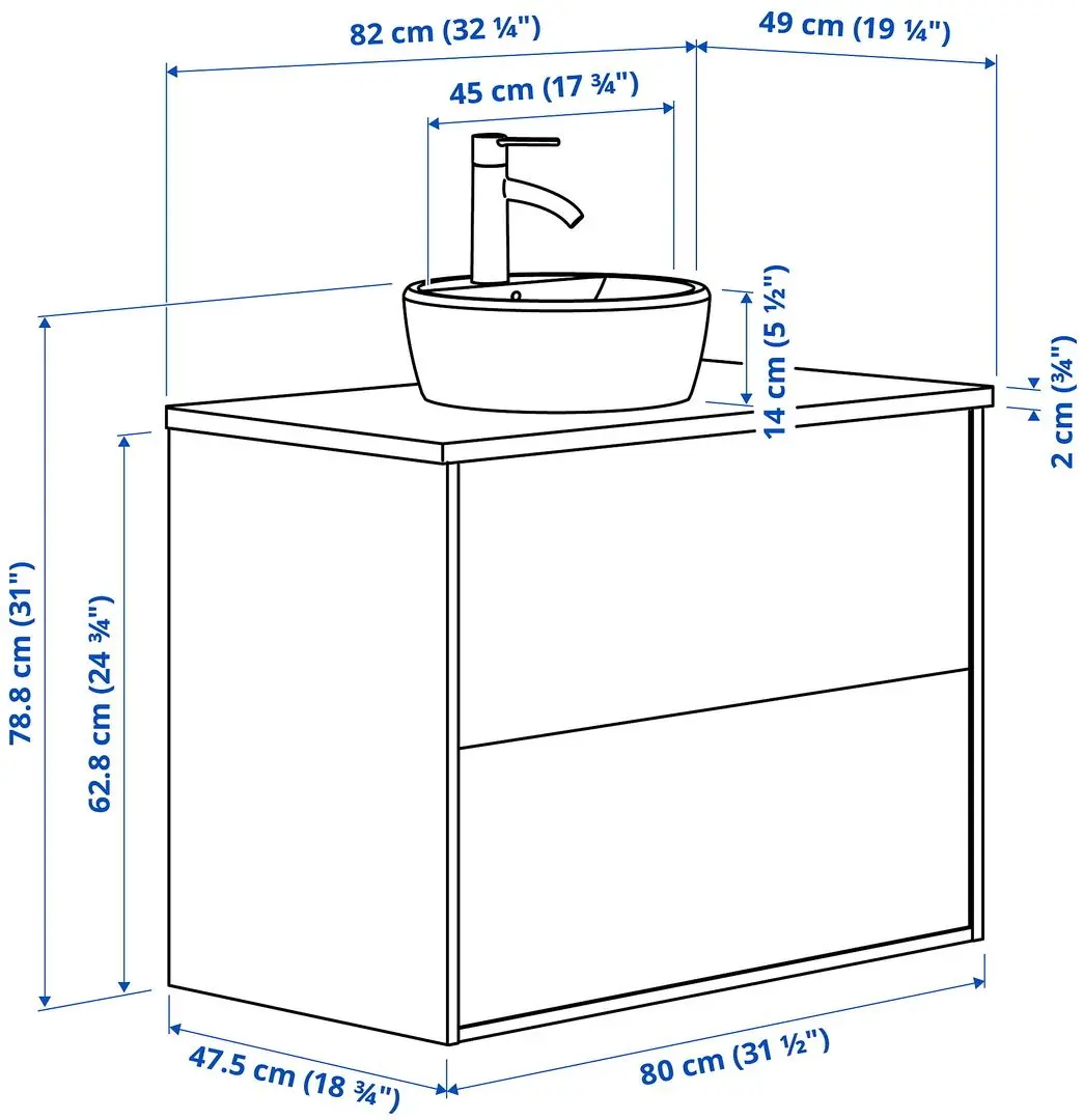 Набор тумбы с раковиной Ikea Tannforsen/Tornviken с ящиками 82x49x79 (Серый/Имитация Черного Мрамора) - 9