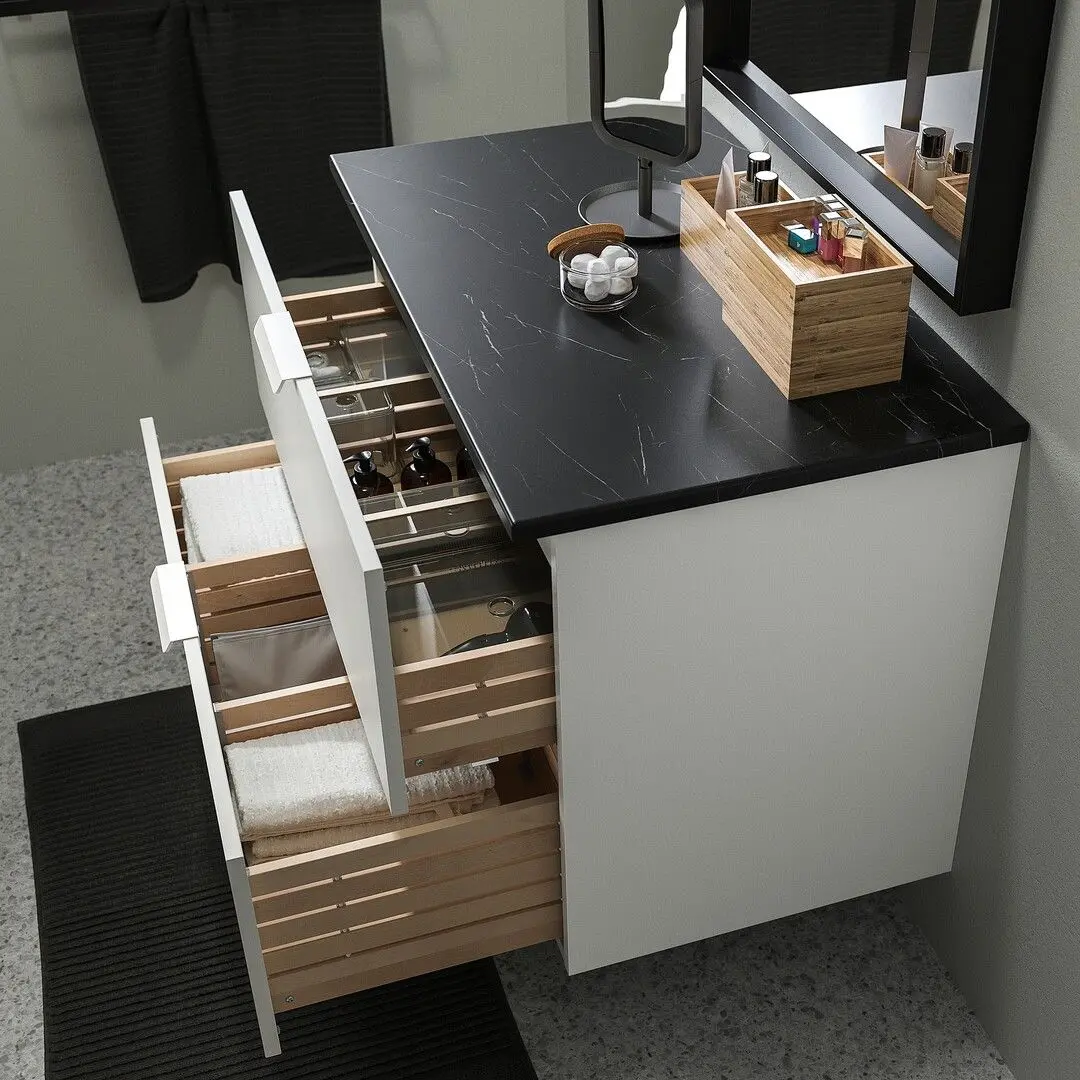 Шкаф под умывальник Ikea Godmorgon/Tolken 2 ящика 82x49x60 (Белый/Черный под Мрамор) - 3