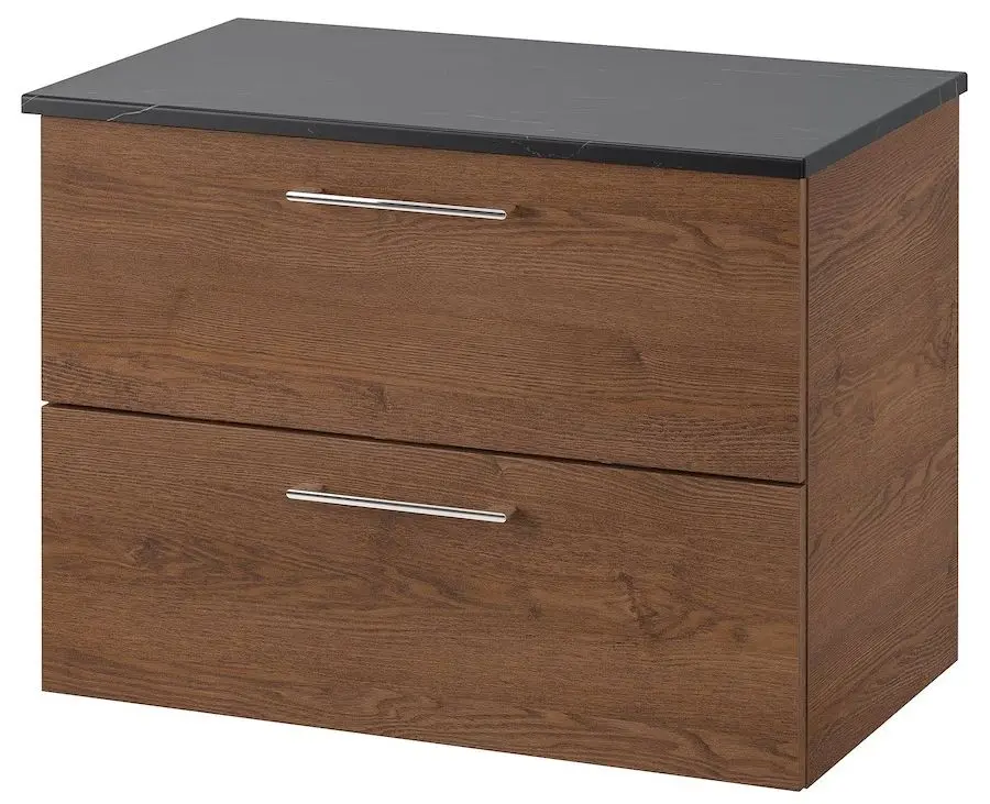 Шкаф под умывальник Ikea Godmorgon/Tolken 2 ящика (Под Коричневый Мореный Ясень/Черный под Мрамор)