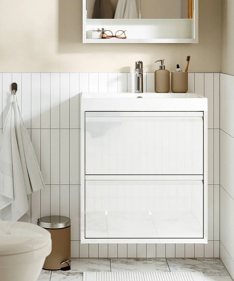 Тумба под умывальник Ikea Angsjon с ящиками 60x48x63 (Глянцевый Белый)