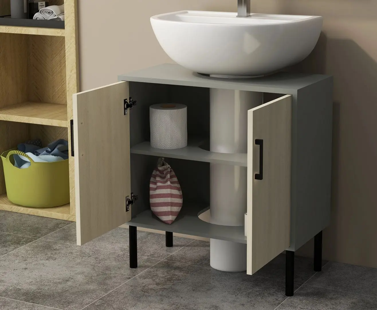 Шкаф под умывальник Kleankin 834-583V00GY (Grey/Natural Wood)