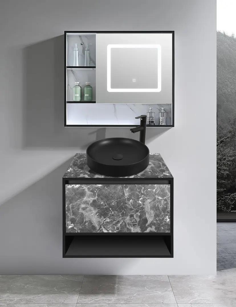 Set dulap cu lavoar Montebella 53.01 Nero LED + Naomi 455х455 (Pantera)