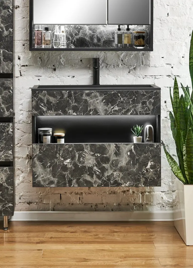 Набор тумбы с раковиной Montebella 55.03 Nero LED + Enzo 800x400 (Pantera)