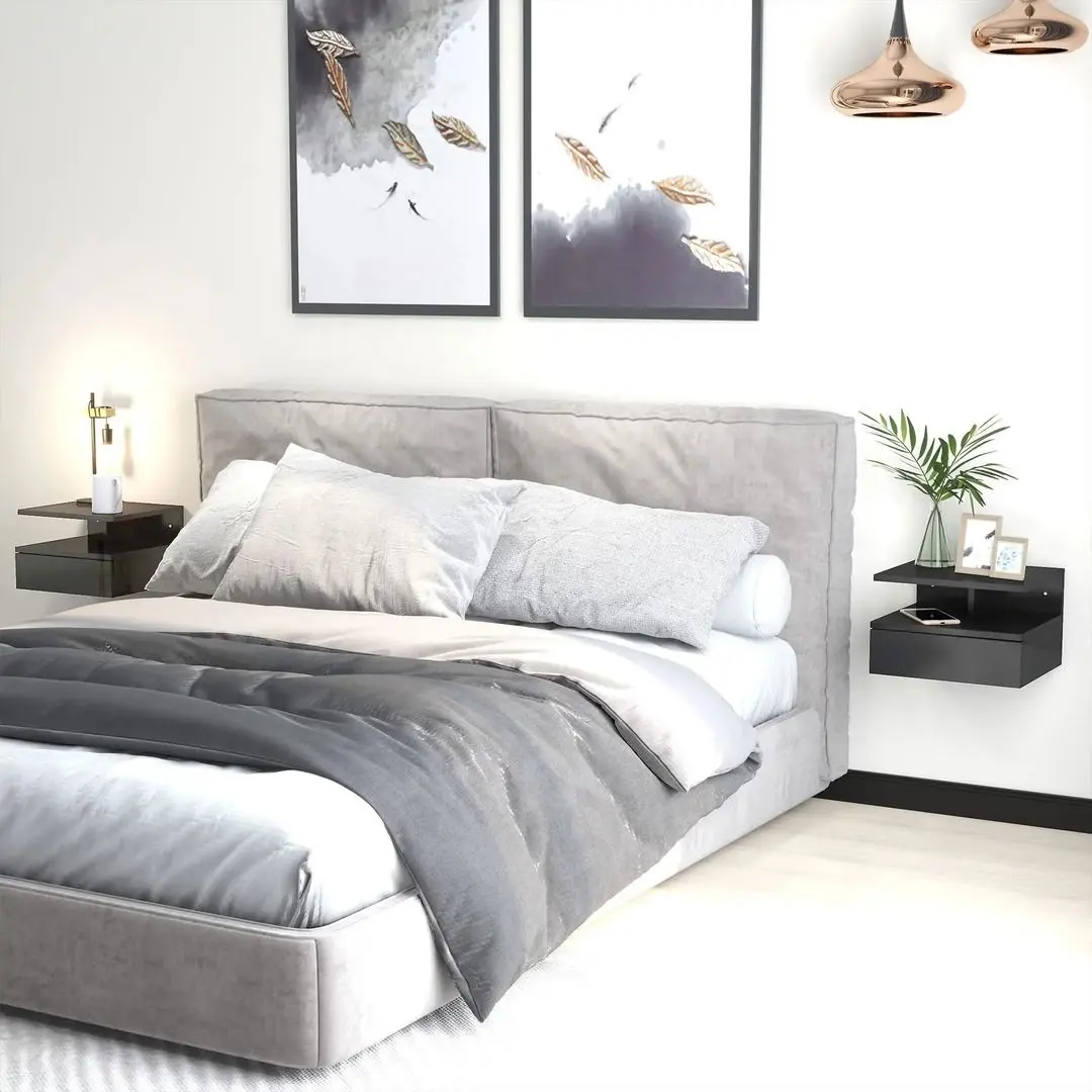 Комплект прикроватных тумбочек Homcom 831-338V00BK 35x22x32 cm (Black/Black Gloss) - 7