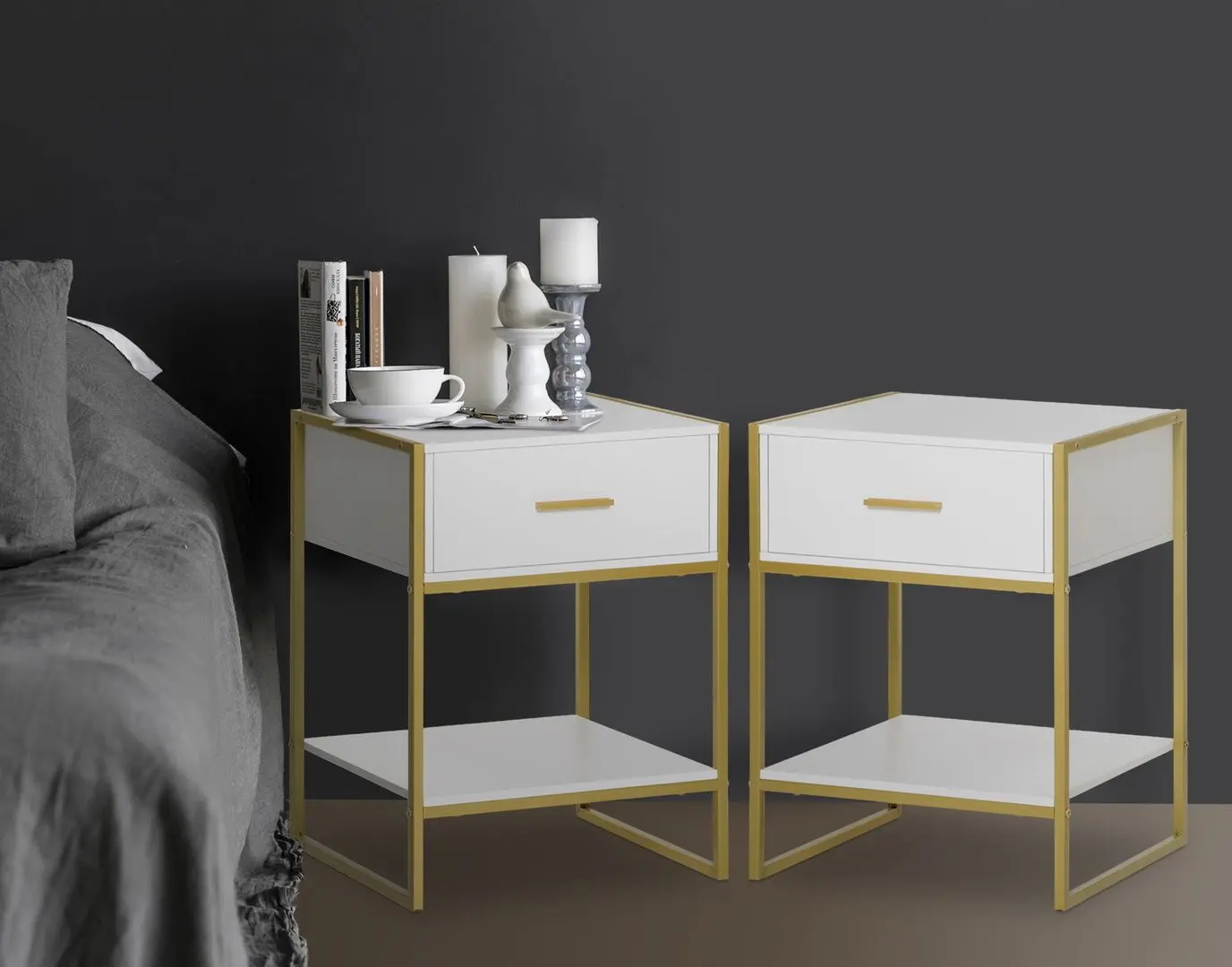 Set de noptiere Homcom 831-534 45x40x60 cm (White/Gold)