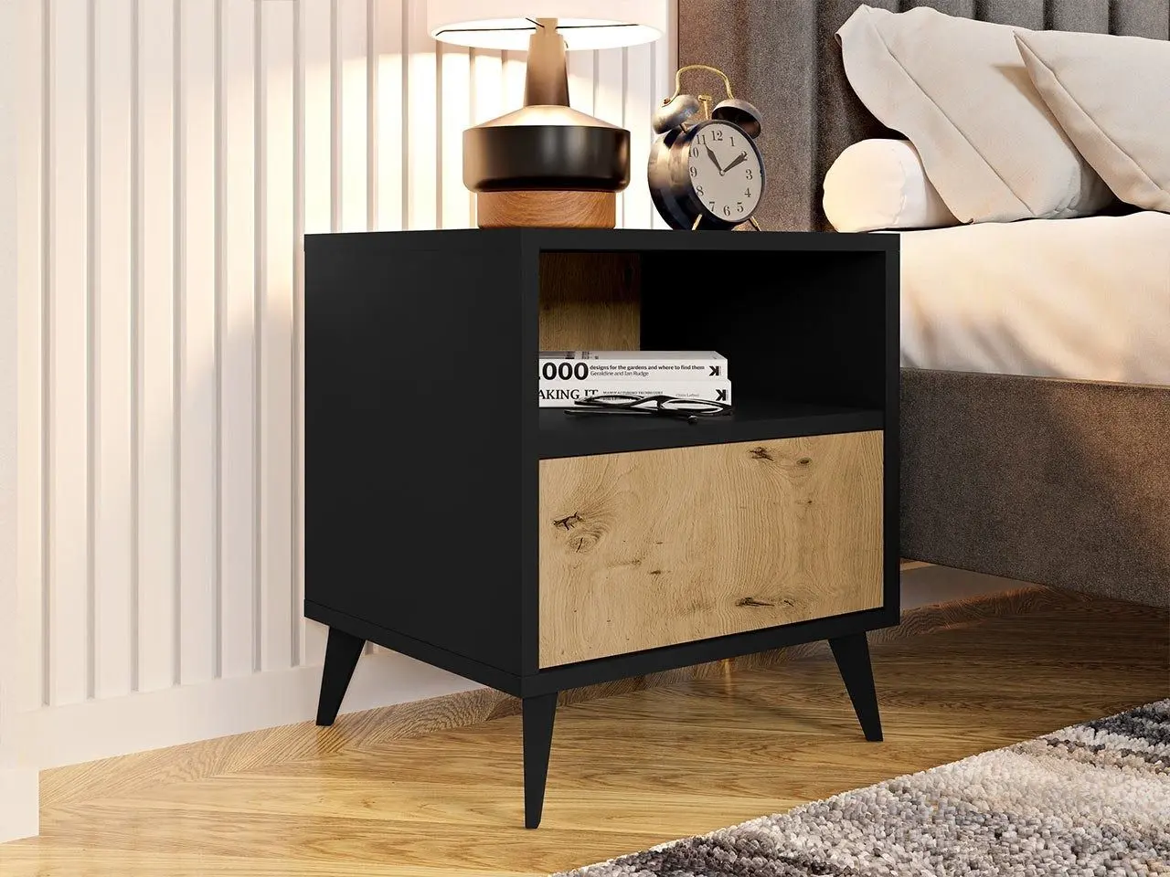 Тумба прикроватная Mirjan24 Oksawi 1SZ/Ovessi 1K (Black/Artisan Oak)
