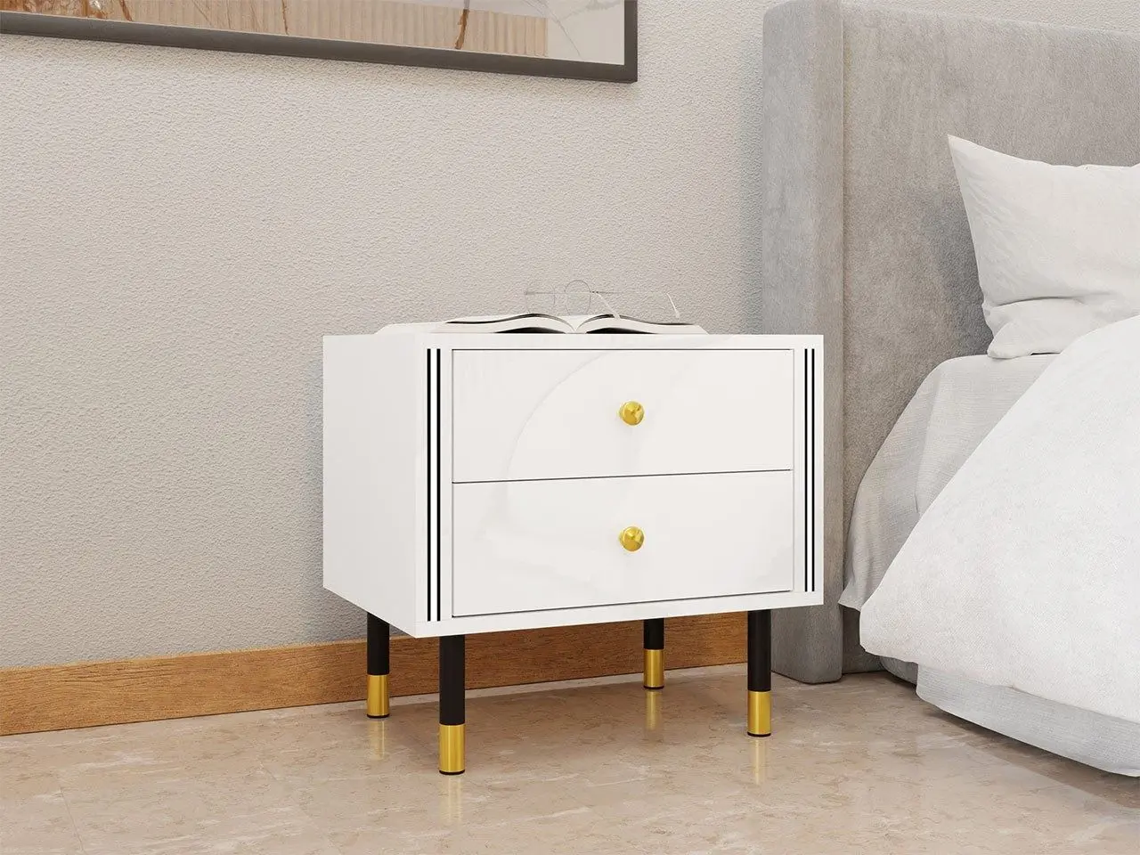 Noptiera Mirjan24 Wiastan/Cristal 04 55 cu iluminare LED (White/White Gloss)