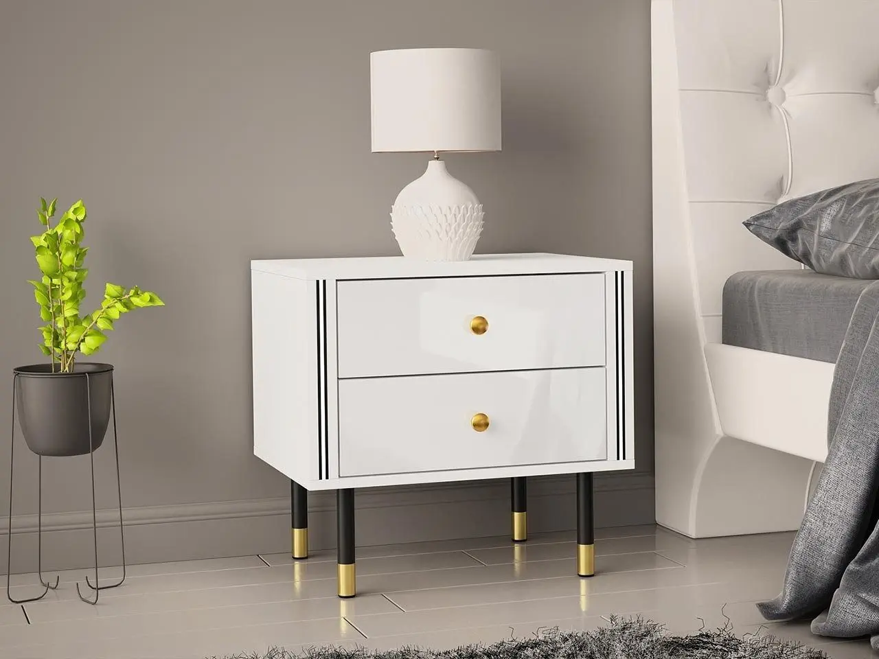 Noptiera Mirjan24 Wiastan/Cristal 04 55 cu iluminare LED (White/White Gloss)