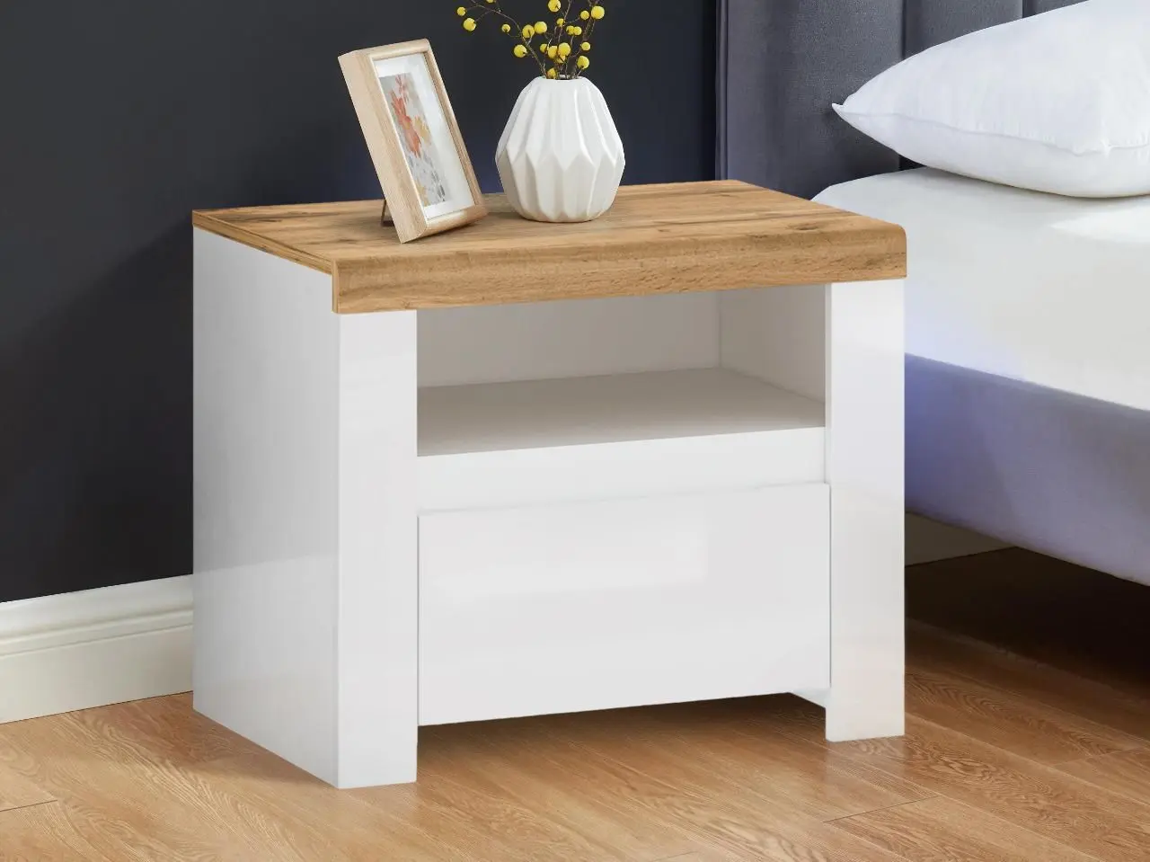 Тумба прикроватная Tempo Kondela Vilgo 1S (Wotan Oak/White Gloss)