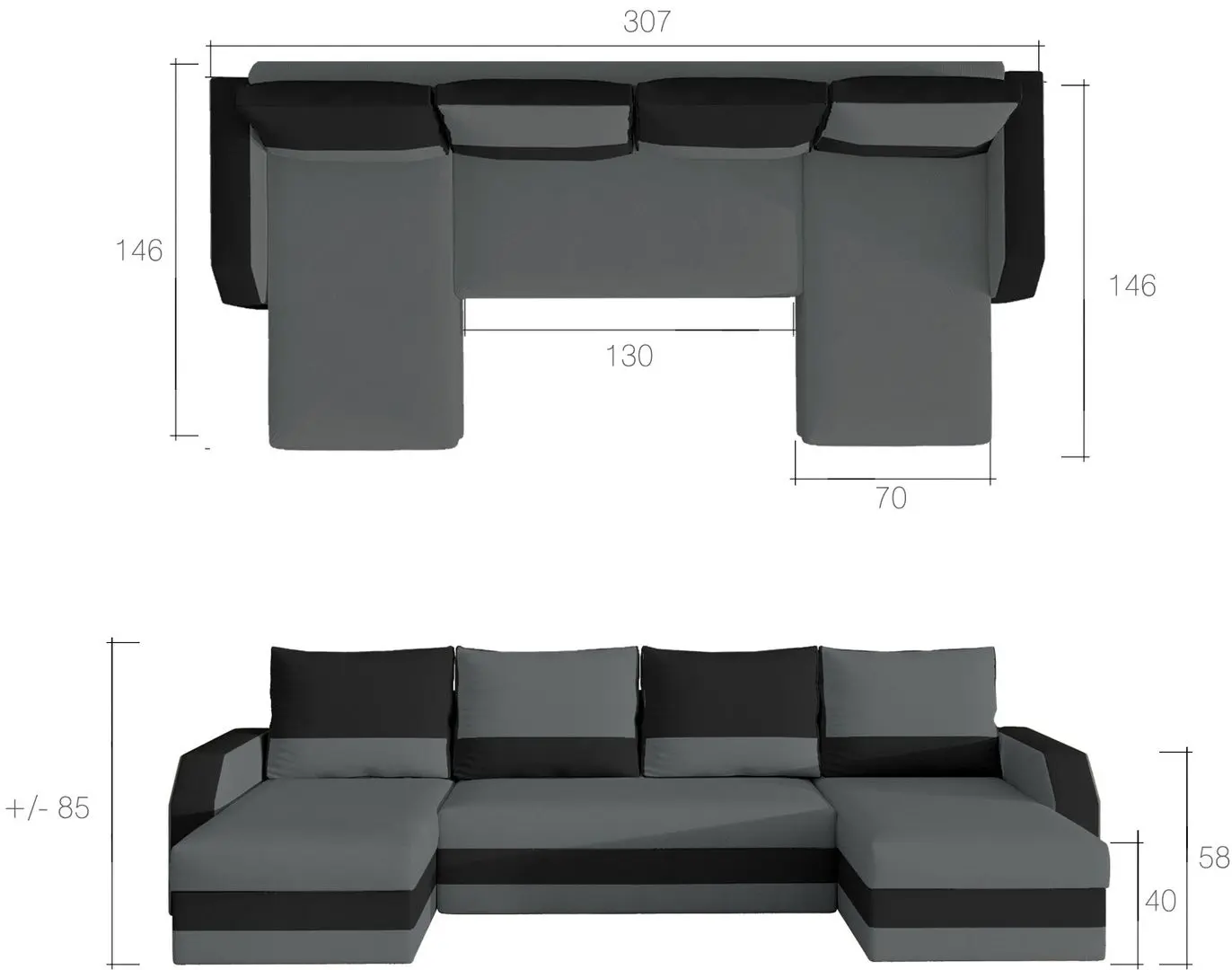 Canapea in forma de U Eltap Marion Paros 05/Kronos 07 (Gray Light/Black)