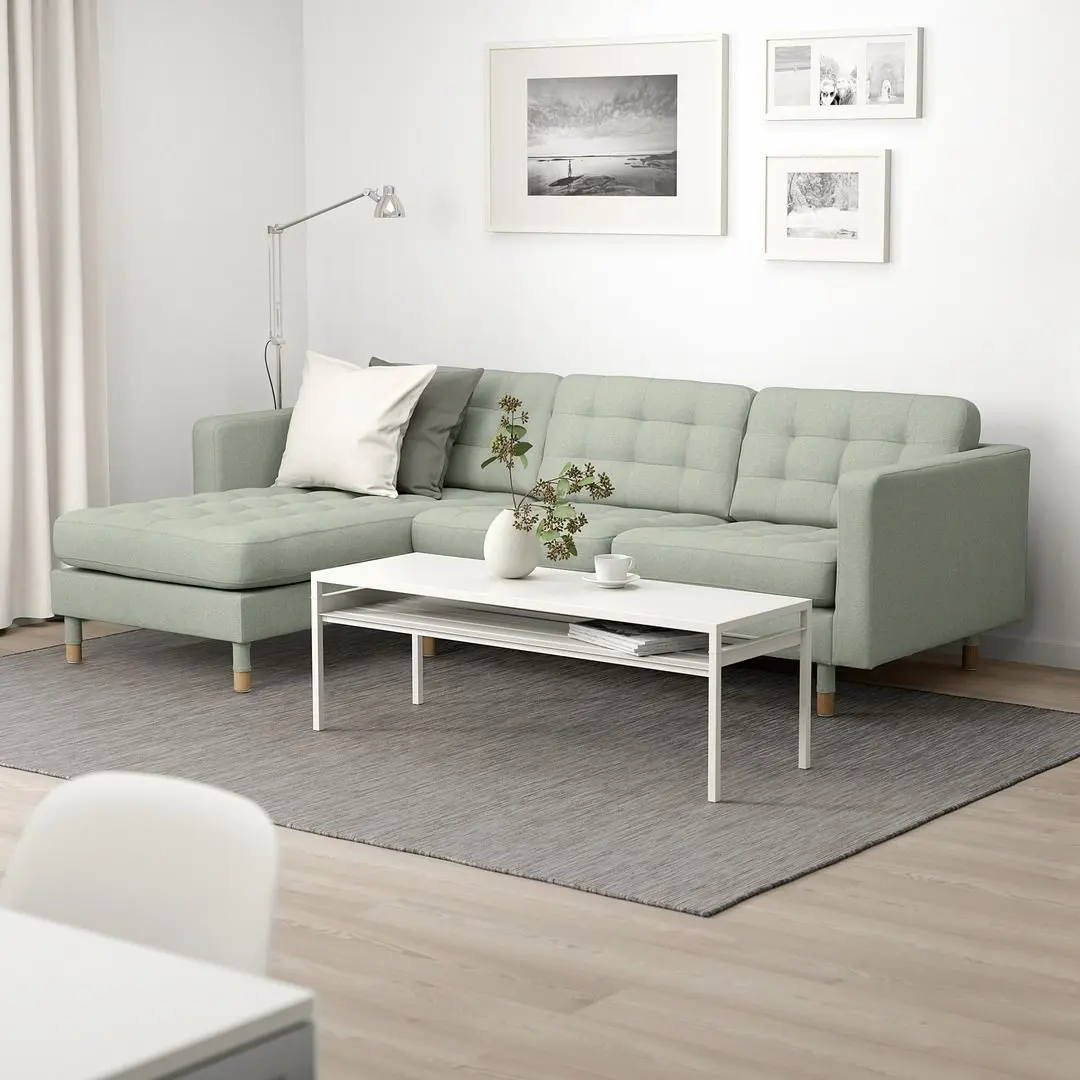 Canapea Ikea Landskrona 3 locuri cu sezlong (Gunnared Verde deschis/Lemn)