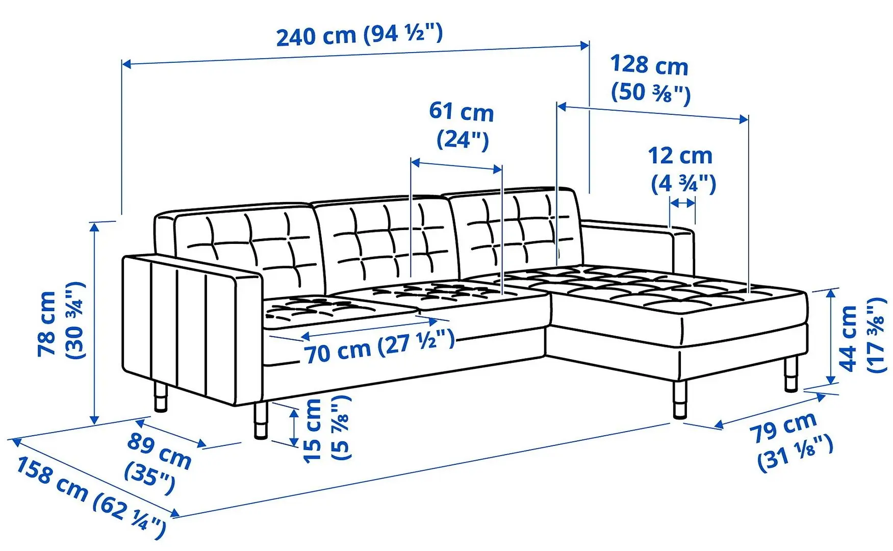 Canapea Ikea Landskrona 3 locuri cu sezlong (Gunnared Gri inchis/Metal)