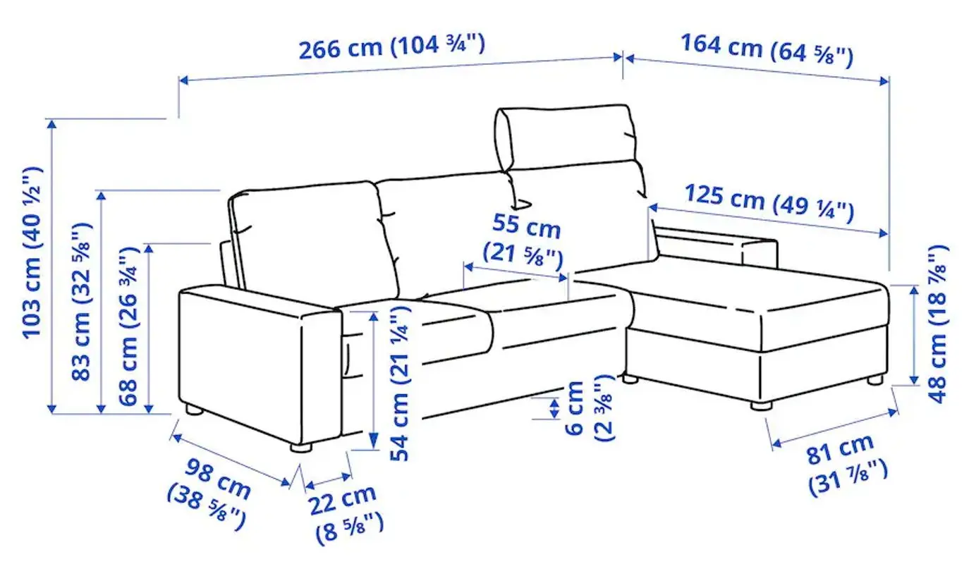 Диван Ikea Vimle 3-местный/подголовник/шезлонг/широкие подлокотники (Гуннаред Классический Серый)