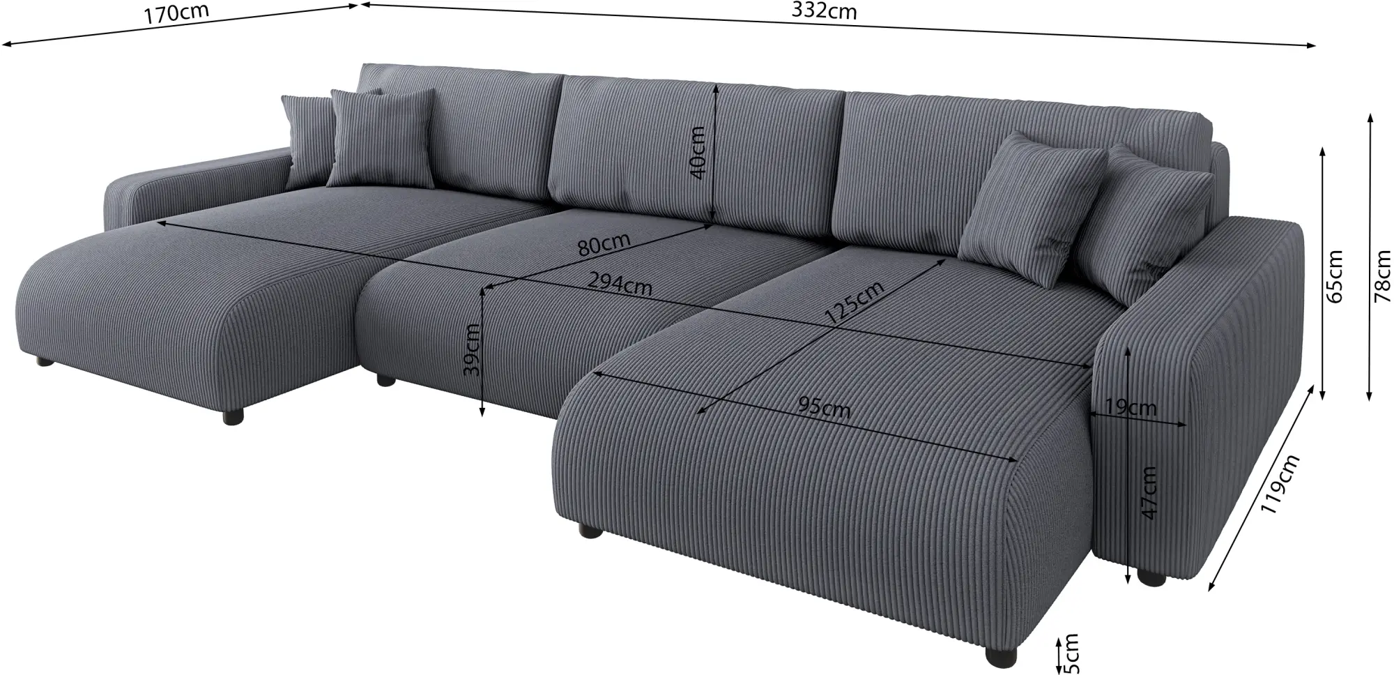 Canapea in forma de U Inspira Furniture Sara SF Lincoln 90 (Dark Grey)