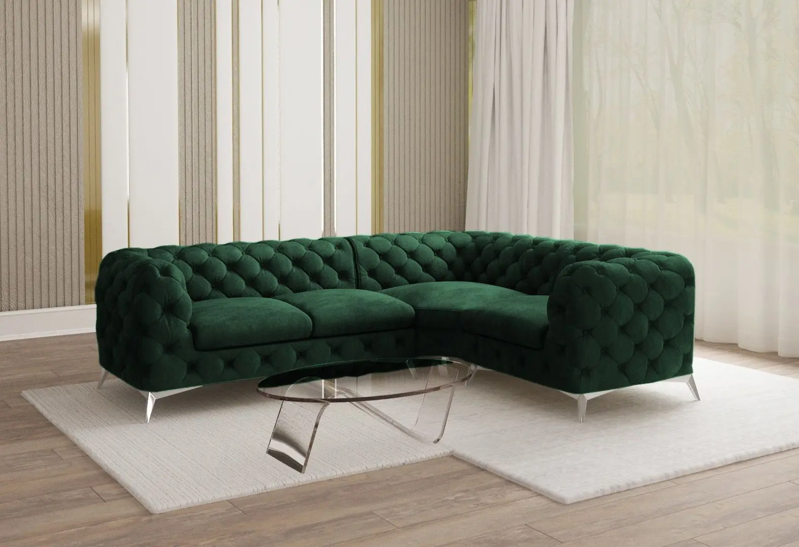 Canapea de colt Inspira Furniture Chelsea 2+C+1 Right Riviera 38 (Dark Green/Silver)