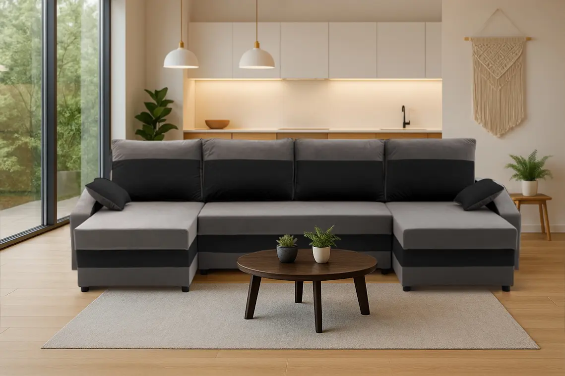 Canapea in forma de U Magnifico Meble Sparta Bonell Mikrofaza 27/Mikrofaza 15 (Grey/Black)