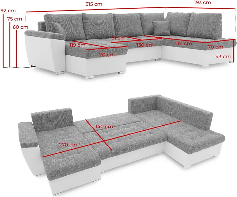 Canapea in forma de U Magnifico Meble Vegas 315/190 Lawa 09/Real 11 Right (Light Grey/Black)