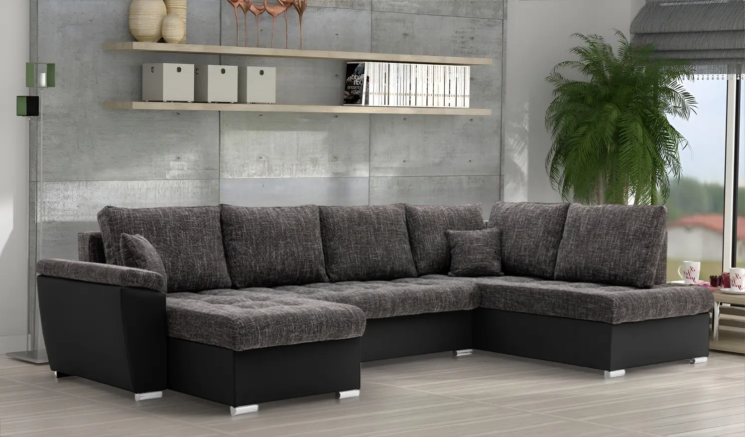 Canapea in forma de U Magnifico Meble Vegas 315/190 Lawa 17/Real 11 Right (Dark Grey/Black)