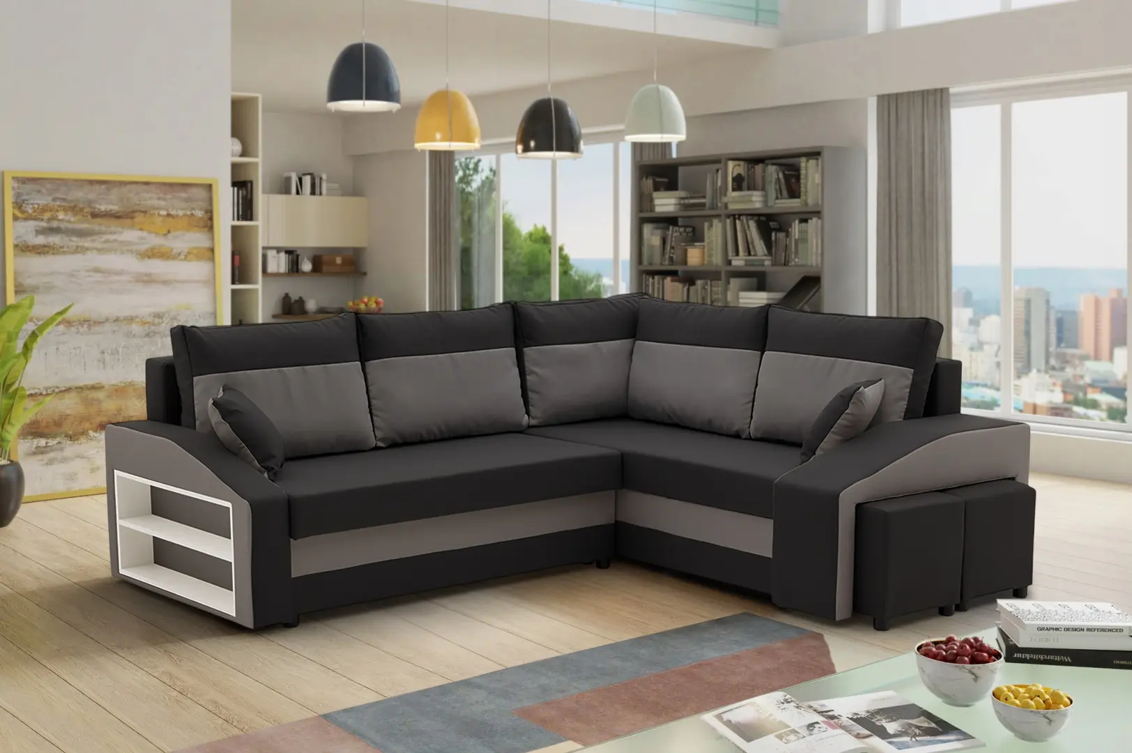 Диван угловой Magnifico Meble Grande Left Shelf/Right Puffs Bonell Mikrofaza 15/Mikrofaza 27 Right (Black/Grey)