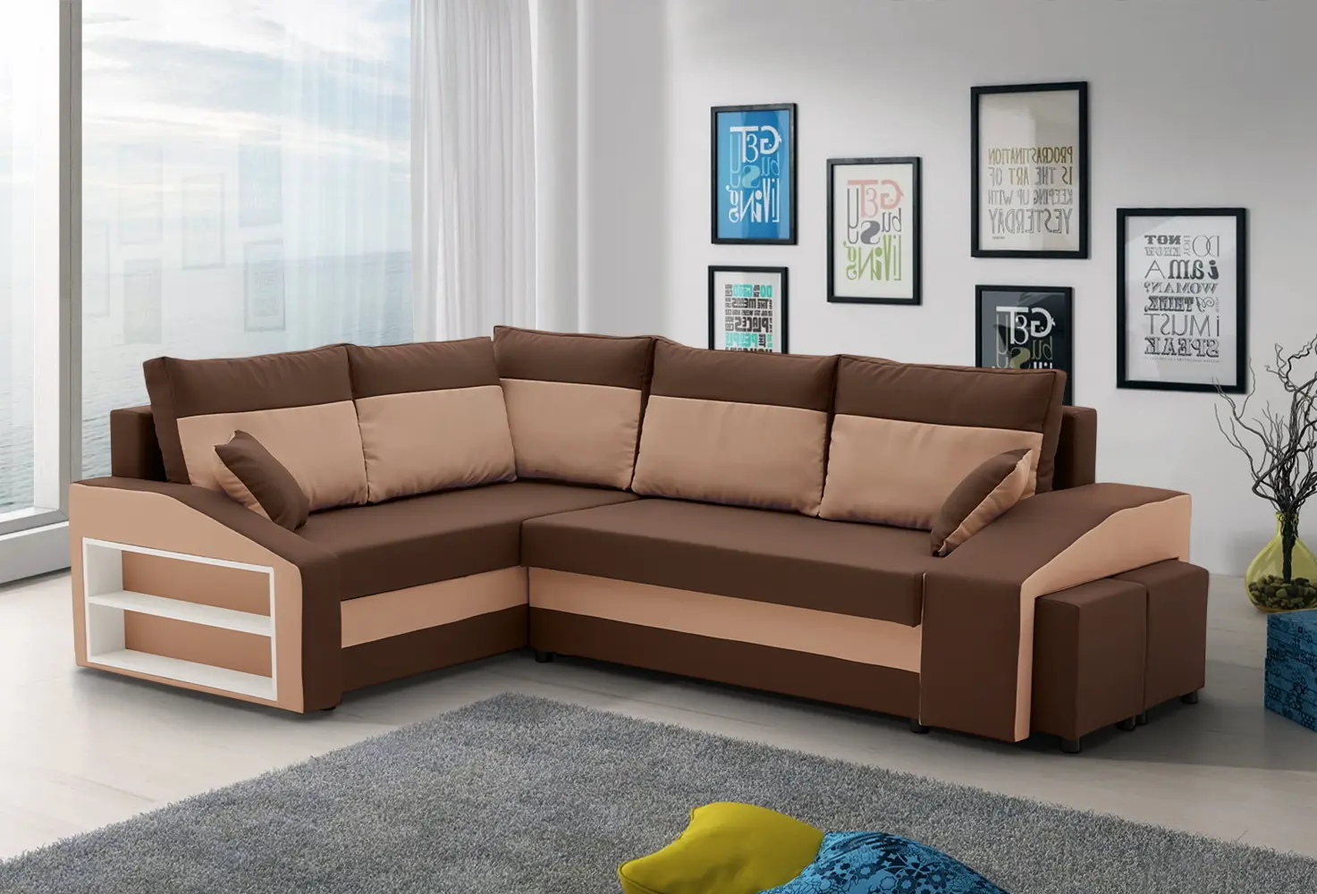 Диван угловой Magnifico Meble Grande Left Shelf/Right Puffs Bonell Mikrofaza 20/Mikrofaza 48 Left (Brown/Cappuccino)